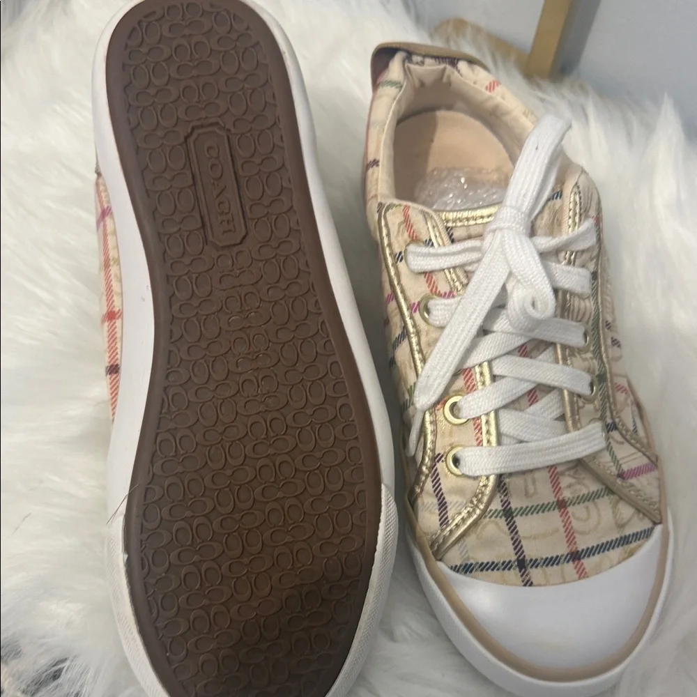 Coach Beige and Red Plaid Sneakers